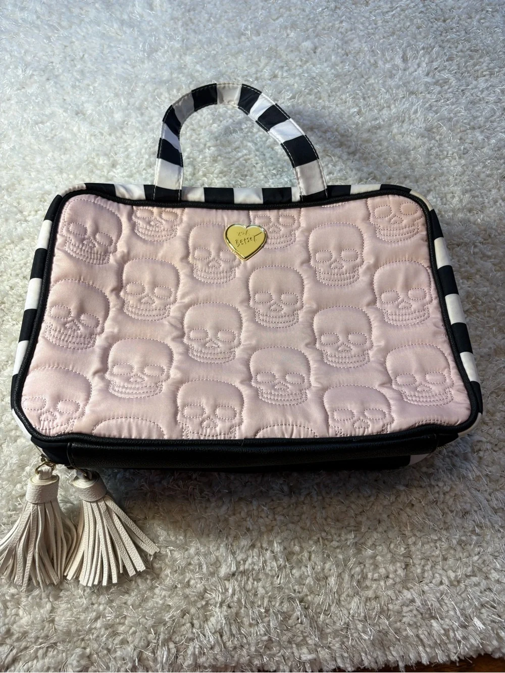 Betsey Johnson Light Pink Quilted Skull Cosmetic Bag with Striped Handle